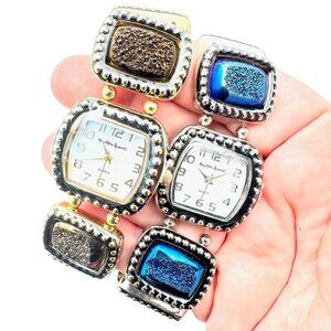 Amy Kahn Russell Womens Stretch Bracelet Watch Silver & Gold Tone Druzy Quartz